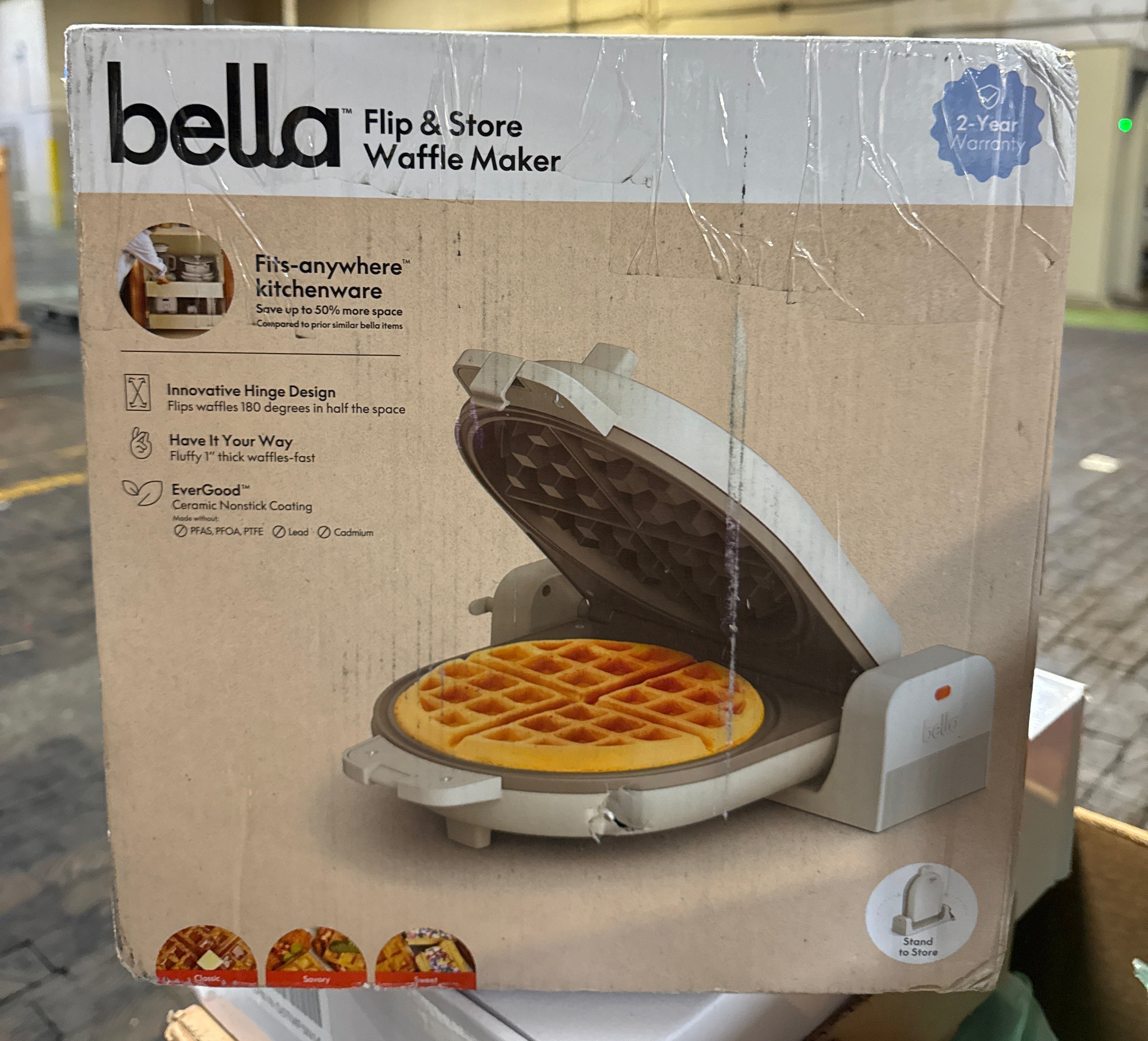 Bella Flip-n-Store Waffle Maker with EverGood™ Ceramic Nonstick Coating, Fits-anywhere™ Kitchenware, Power Indicator Light, Cool Touch Handle & Cord Wrap, 7” Wide & 1" Deep Plates, 1000 Watt,