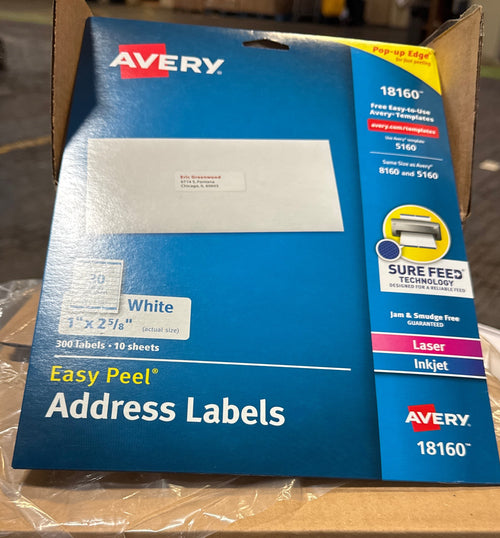 Avery Easy Peel Printable Address Labels with Sure Feed, 1" x 2-5/8" Customizable Stickers, White, 300 Blank Mailing Labels per Pack, Great for Mailing, Shipping, and More (5-Pack of 18160)