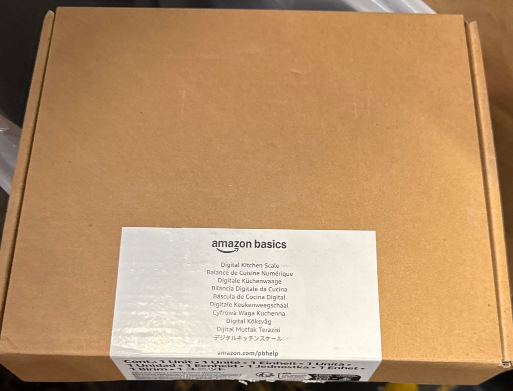 Amazon Basics Digital Kitchen Scale with LCD Display, Tare Function, Multiple Units, Weighs up to 11 Pounds, Batteries Included, Black and Stainless Steel.