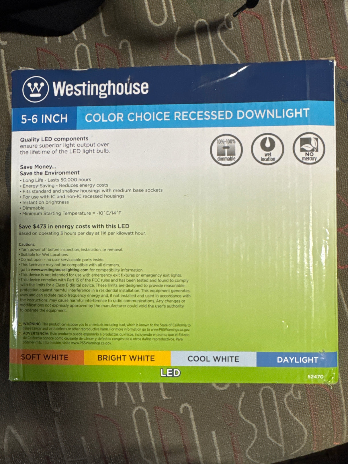 Westinghouse 5247000 14 Watt (100 Watt Equivalent) 5-6-Inch Square Recessed LED Downlight with Color Temperature Selection, Dimmable, Energy Star, Medium Base, White Trim