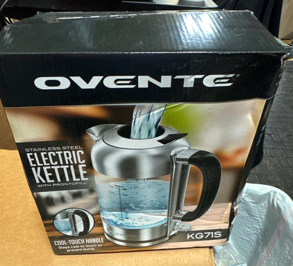 OVENTE Electric Kettle, 1500W No Plastic 1.8L Tea Kettle and Hot Water Boiler For Coffee or Tea, Easy to Fill Lid, Automatic Shut-Off, Borosilicate Glass with Stainless Steel Spout, Silver KG71S
