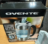 OVENTE Electric Kettle, 1500W No Plastic 1.8L Tea Kettle and Hot Water Boiler For Coffee or Tea, Easy to Fill Lid, Automatic Shut-Off, Borosilicate Glass with Stainless Steel Spout, Silver KG71S