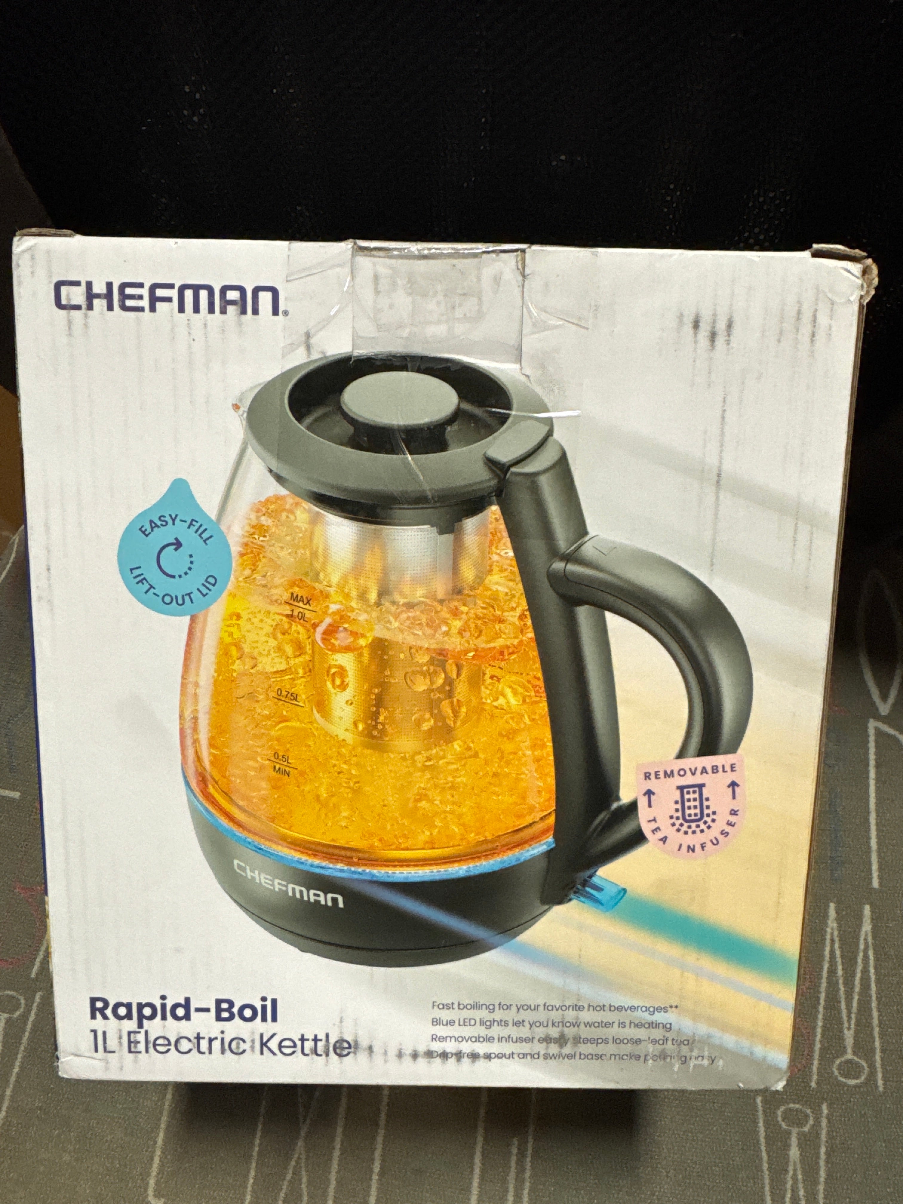 Chefman Electric Kettle with Tea Infuser, Compact 1L (4 Cups), 1500W, Removable Lid for Easy Cleaning, Boil-Dry Protection, Stainless Steel Filter, BPA Free, Auto Shut Off, Small Electric Tea Kettle