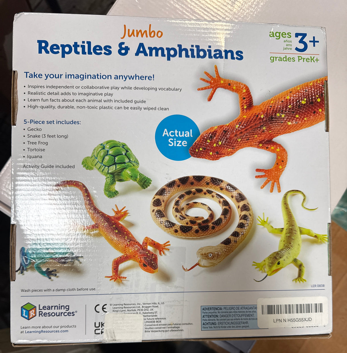 Learning Resources Jumbo Reptiles & Amphibians, Tortoise, Gecko, Snake, Iguana, and Tree Frog, 5 Animals, Ages 3+