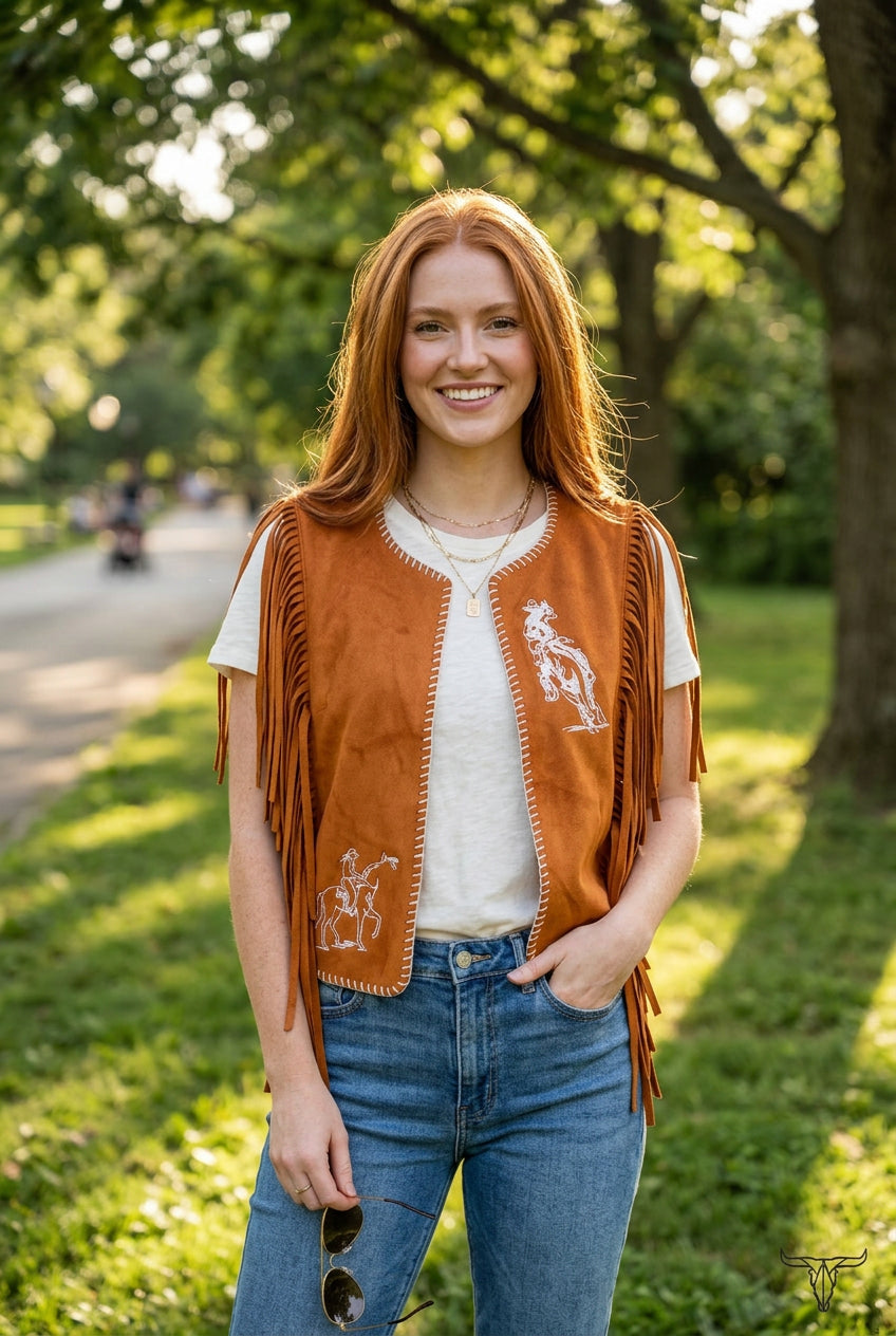 Camel Suede Fringe Contrast Stitching Embroidered Vest Size  Small