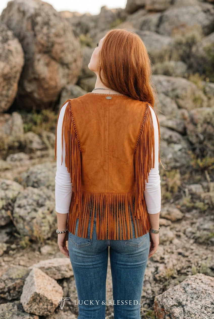 Camel Suede Fringe Contrast Stitching Embroidered Vest Size X Small