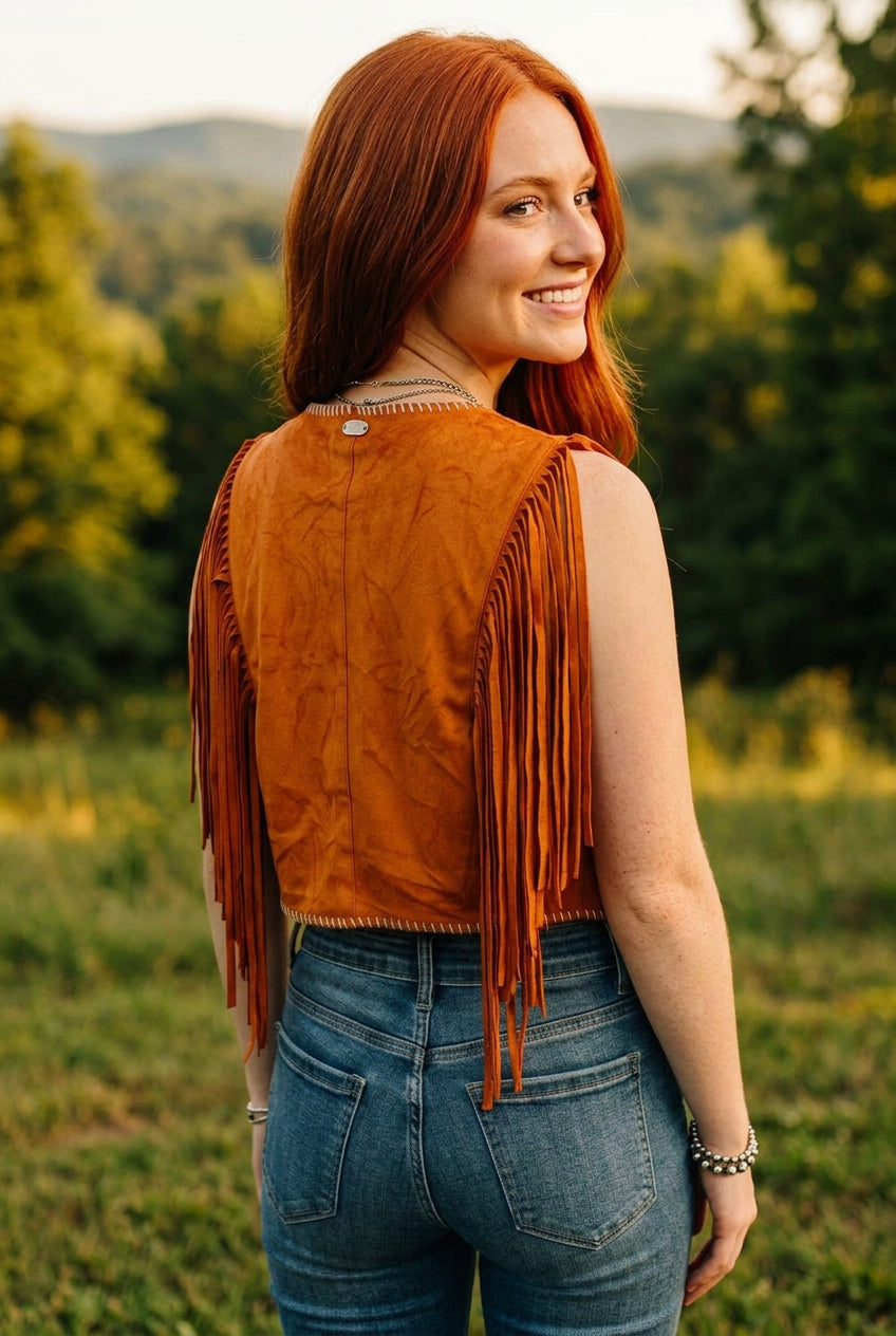Camel Suede Fringe Contrast Stitching Embroidered Vest Size  Small