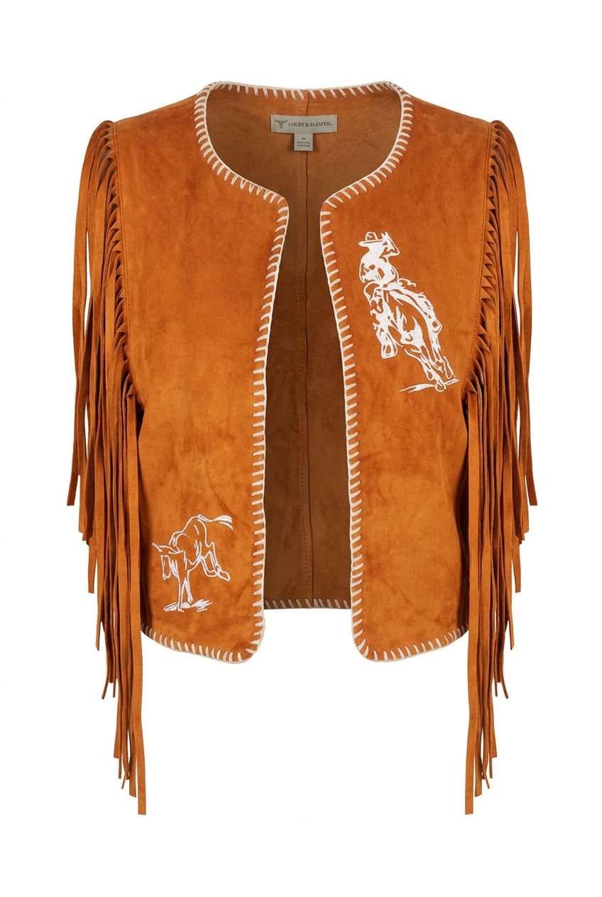 Camel Suede Fringe Contrast Stitching Embroidered Vest Size X Small