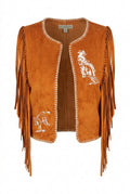 Camel Suede Fringe Contrast Stitching Embroidered Vest Size X Small