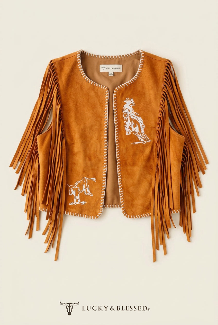 Camel Suede Fringe Contrast Stitching Embroidered Vest Size  Small