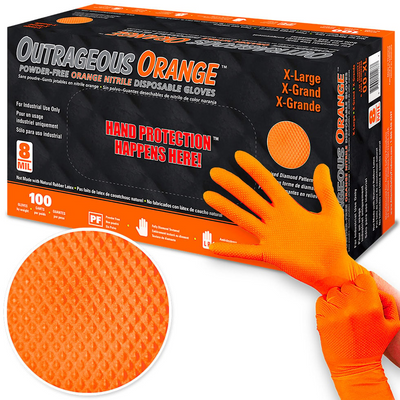 Outrageous Orange - 8 Mil Nitrile Gloves - Super Tough with Aggressive Diamond Grip-Medium