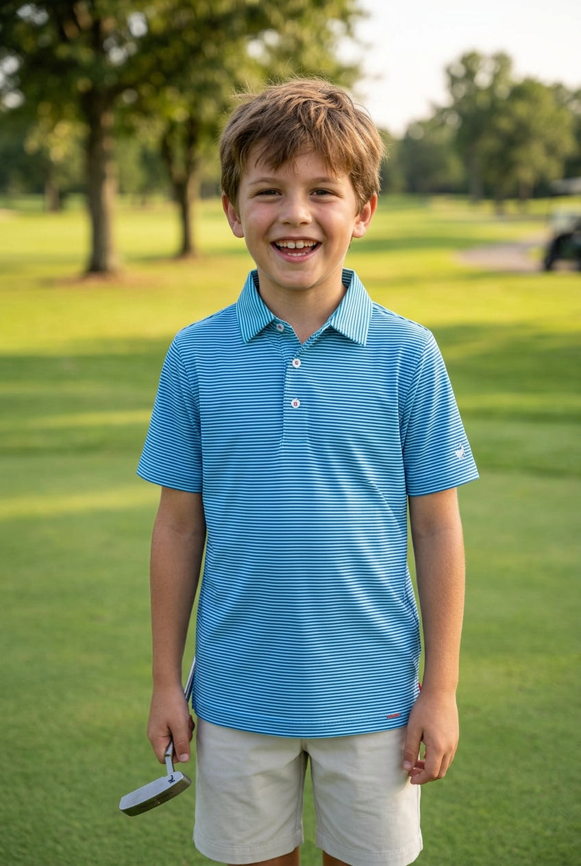 *Michel Rouen Kids' Boys Golf Polo 10/12 aqua stripe