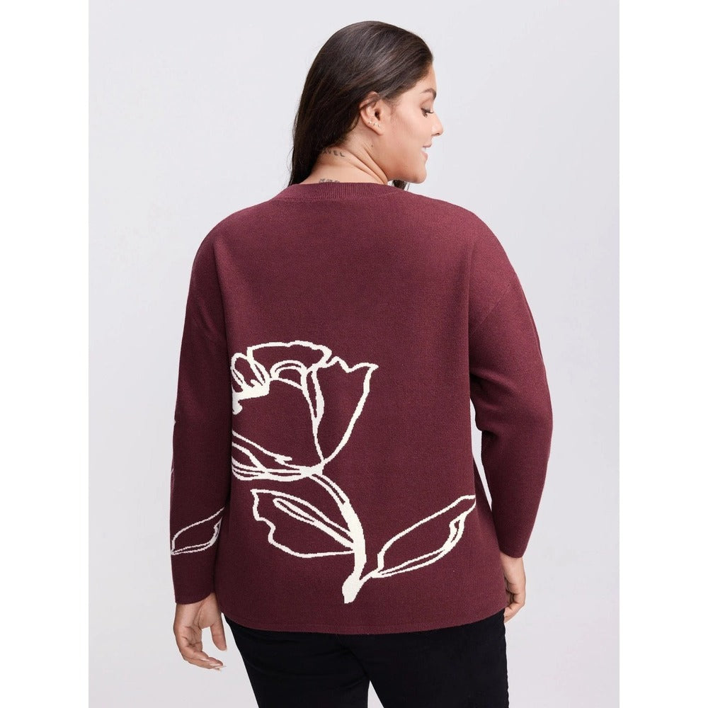 MAEVE Rose Pattern Jacquard Mock Neck Pullover - Purple Floral - Size Small