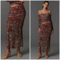 Maeve Ruched Mesh Fitted Maxi Skirt – Brown Floral