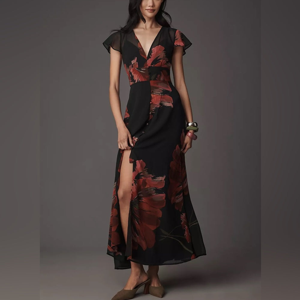 Hutch Nia Short-Sleeve V-Neck Maxi Dress by Anthropologie - Floral/Bla   Keevado Store