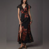 Hutch Nia Short-Sleeve V-Neck Maxi Dress by Anthropologie - Floral/Black - Size 2P (Petite)