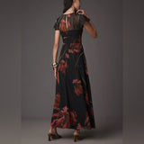 Hutch Nia Short-Sleeve V-Neck Maxi Dress by Anthropologie - Floral/Black - Size 2P (Petite)