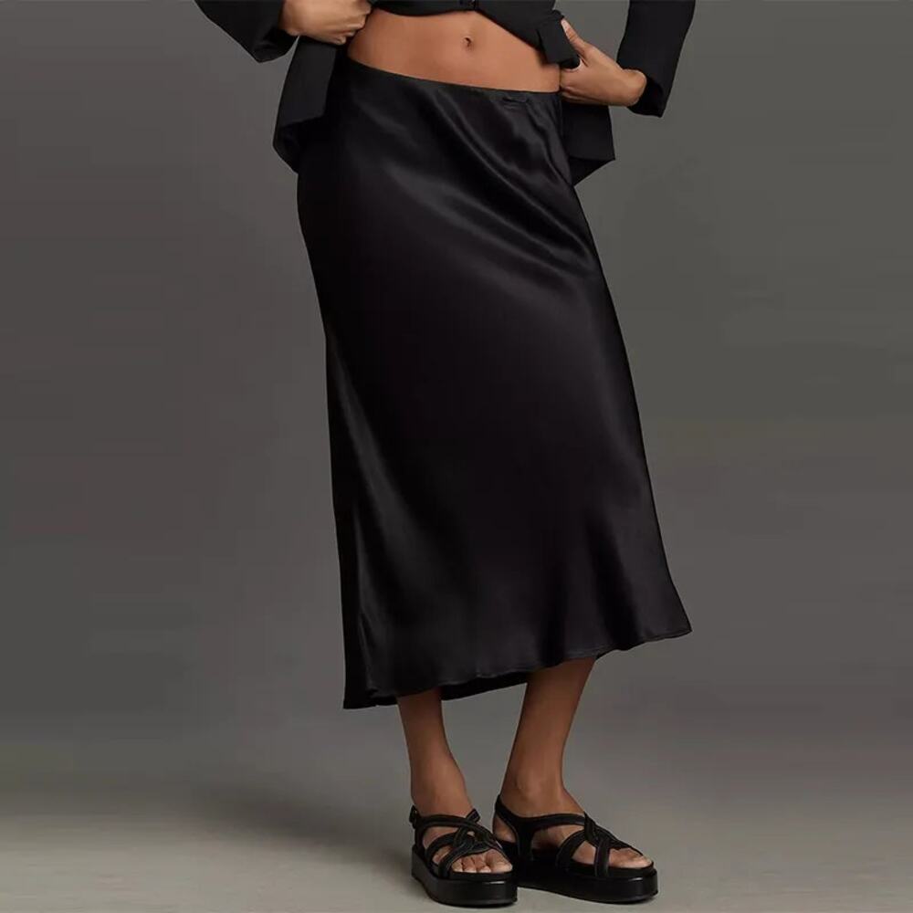 by Anthropologie The Tilda Midi Slip Skirt - Black - XL