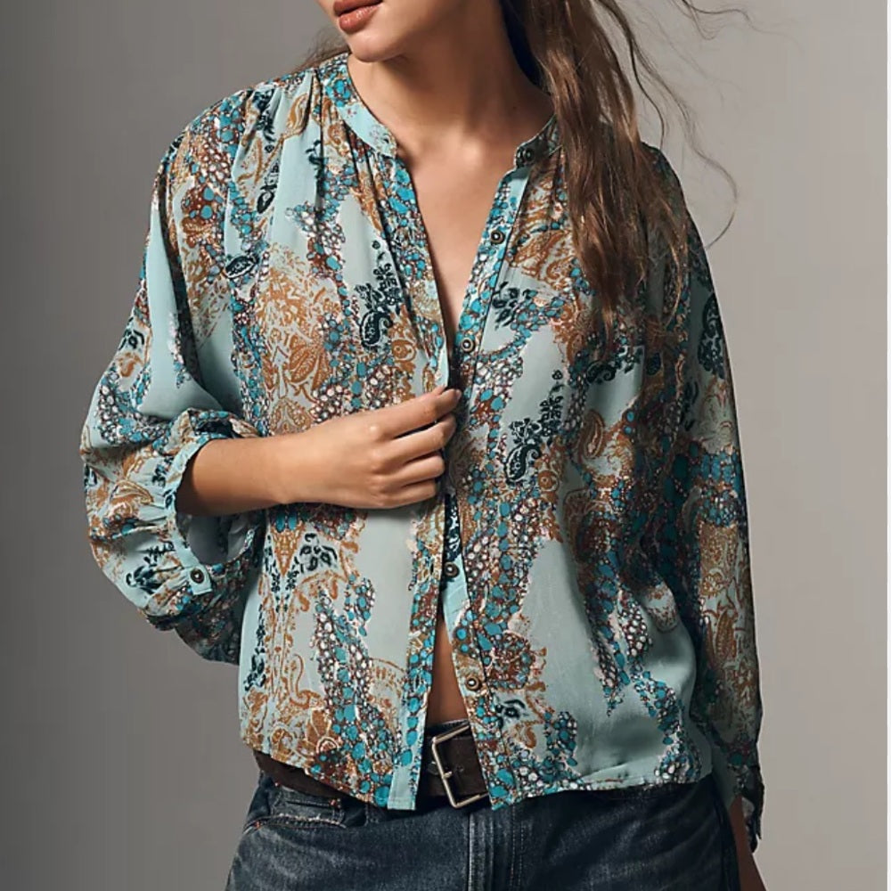 The Sidney Batwing Blouse by Pilcro - Blue Pattern - Medium