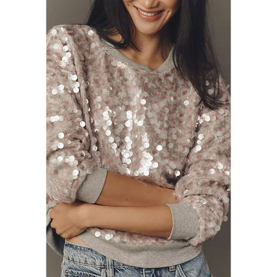 ANTHROPOLOGIE WOMEN'S Pink and Gray Sequined Anthropologie Maeve Long Sleeve Pullover Sweatshirt (XS)