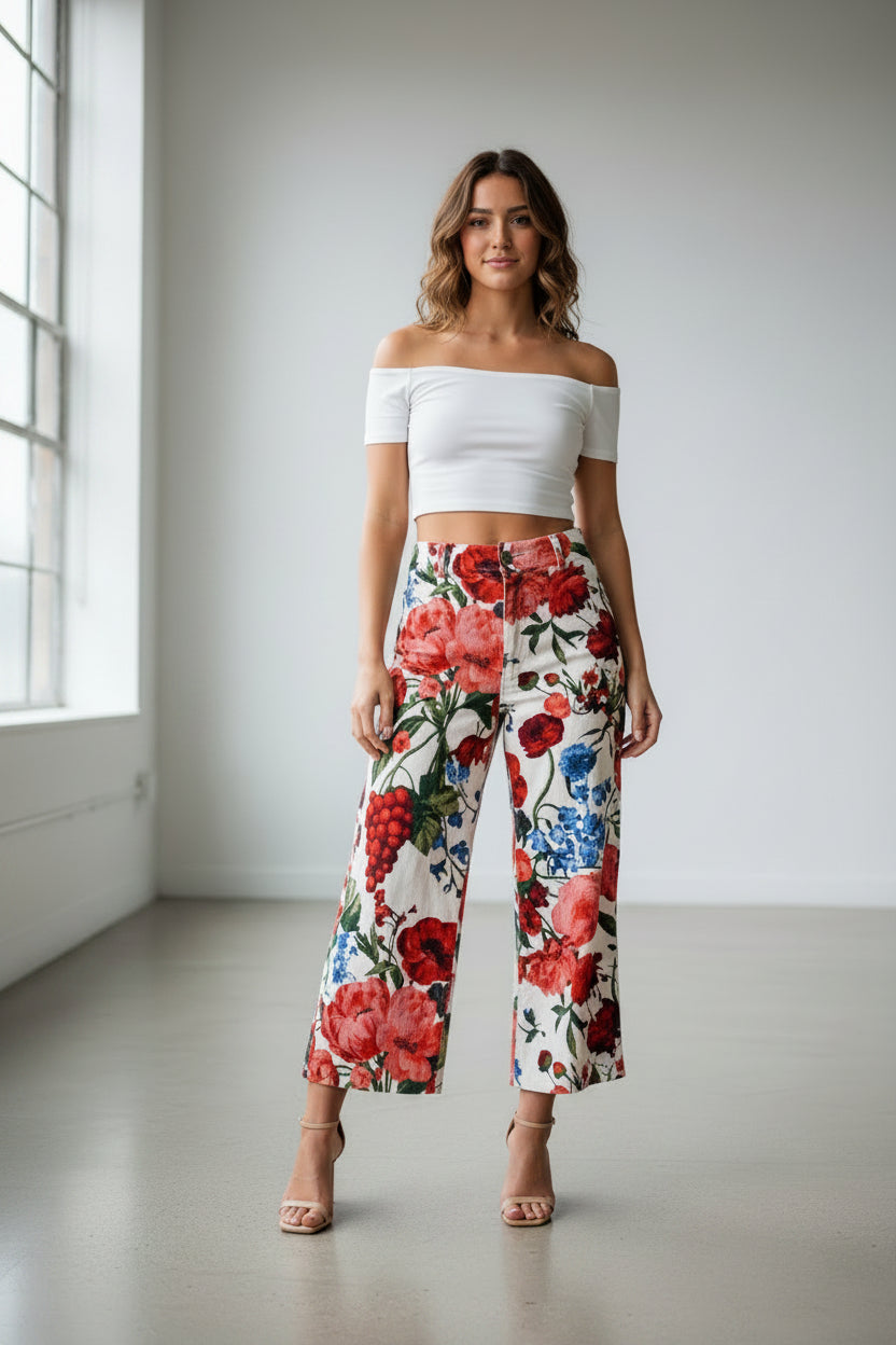 The Colette Corduroy Crop Wide-Leg Pants by Maeve - Botanical Print - Size 26