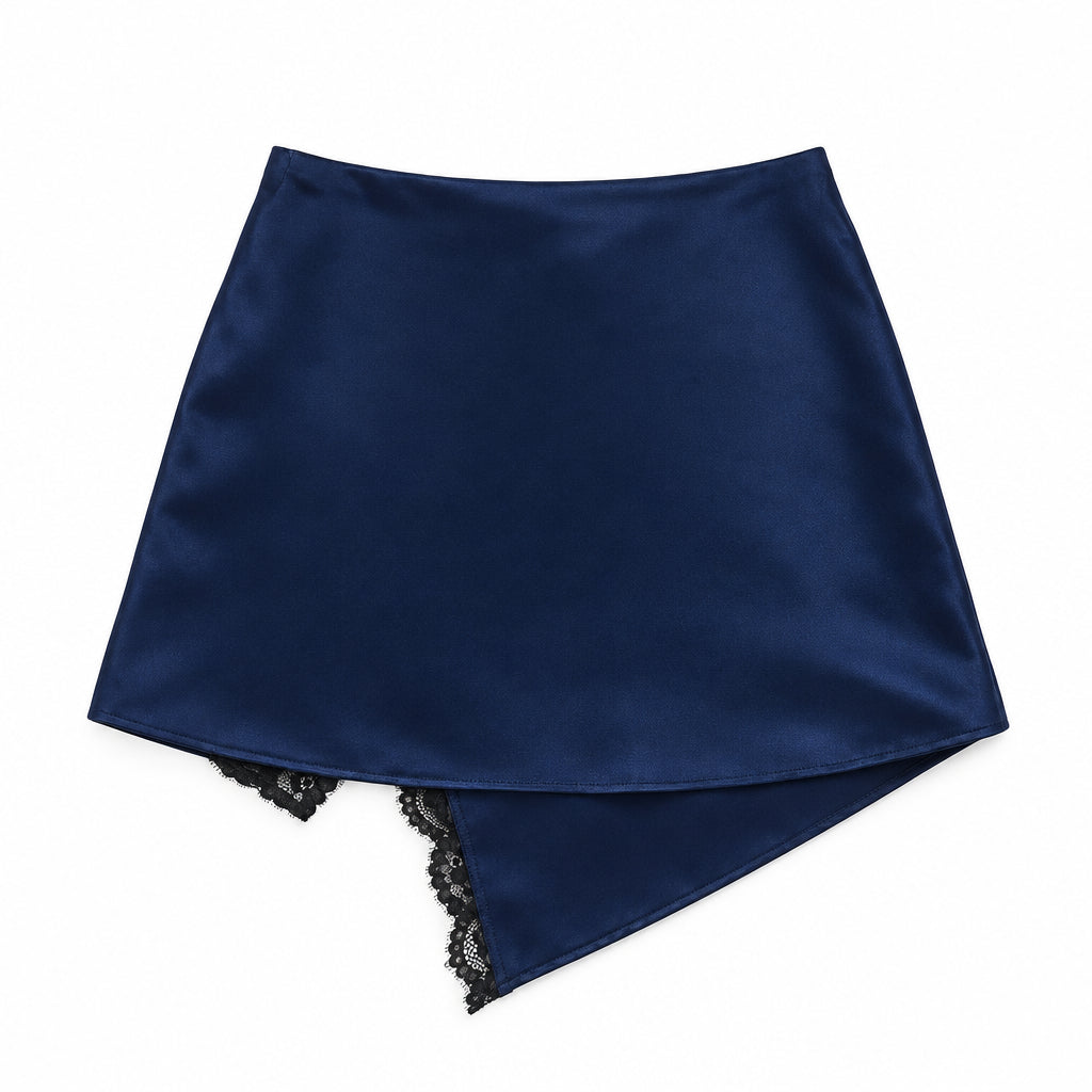BROADWAY 38 Navy Black Satin Asymmetrical Lace Trim Mini Skirt, Women's - Small