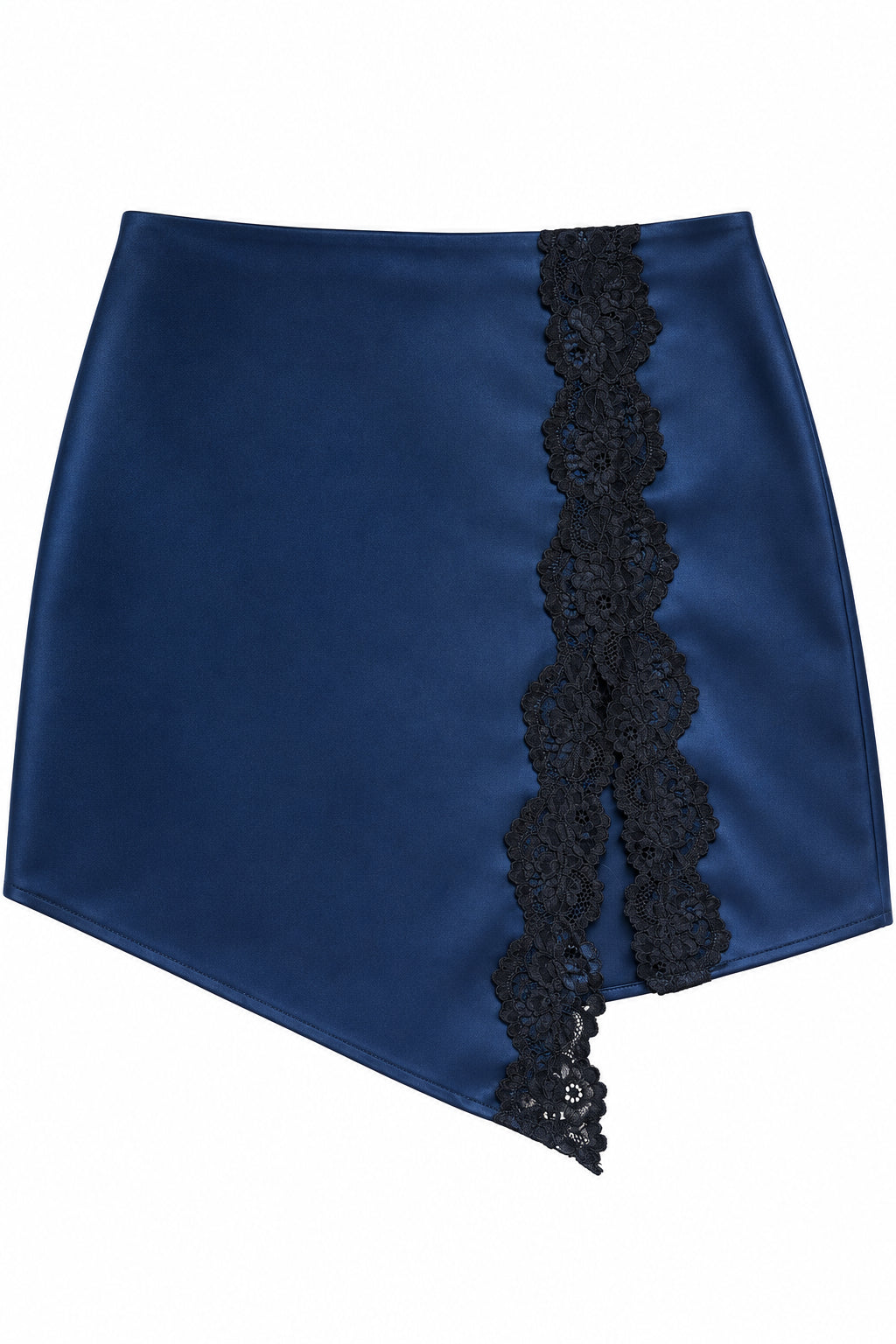 BROADWAY 38 Navy Black Satin Asymmetrical Lace Trim Mini Skirt, Women's - Small
