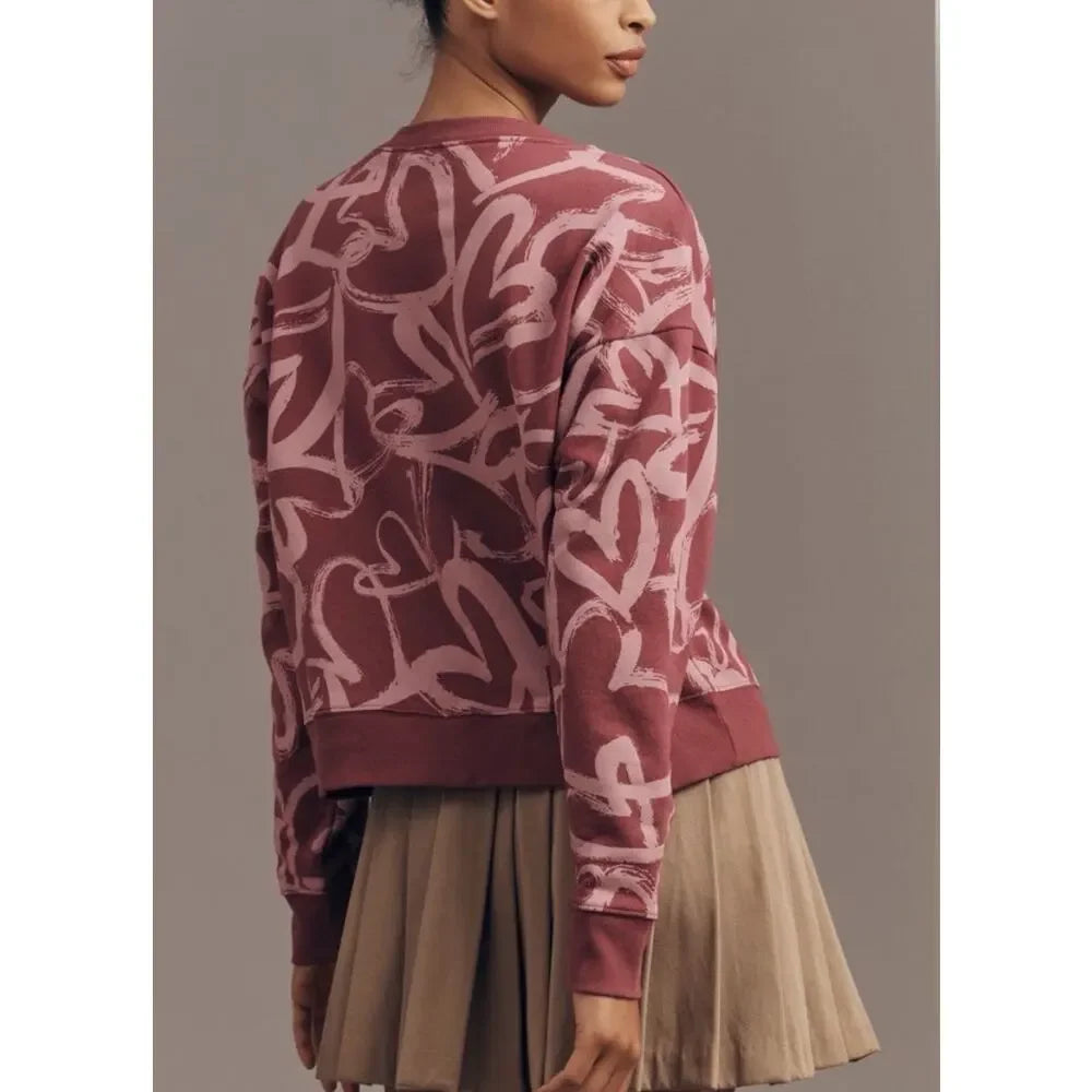 Maeve Heart Printed Sweatshirt by Anthropologie - Pink - Size XL