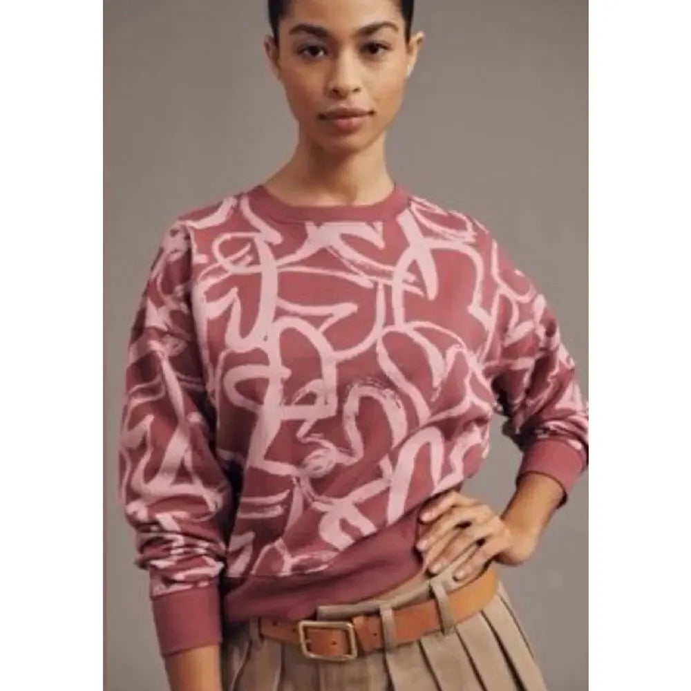 Maeve Heart Printed Sweatshirt by Anthropologie - Pink - Size XL