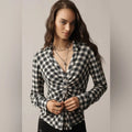 The Keaton Ruched Collared Blouse by Pilcro - Black/White - Size XXS Petite