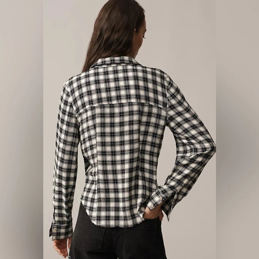 The Keaton Ruched Collared Blouse by Pilcro - Black/White - Size XXS Petite