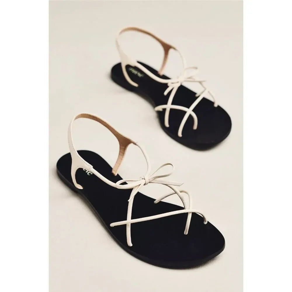 Maeve Anthropologie Ivory Leather Strappy Bow Slingback Sandals  6