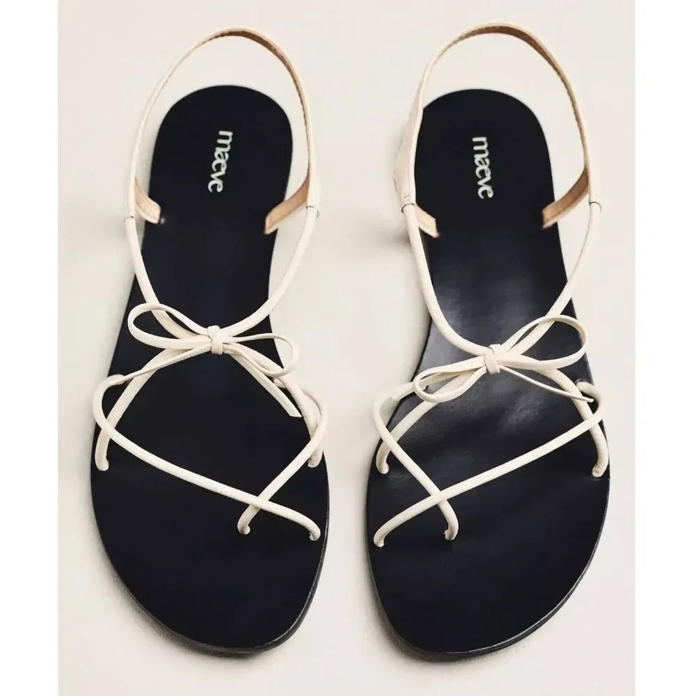 Maeve Anthropologie Ivory Leather Strappy Bow Slingback Sandals  6