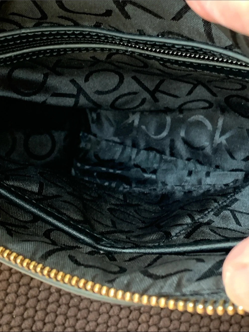 Calvin Klein Brown Monogram Cross Body Bag with Black Strap