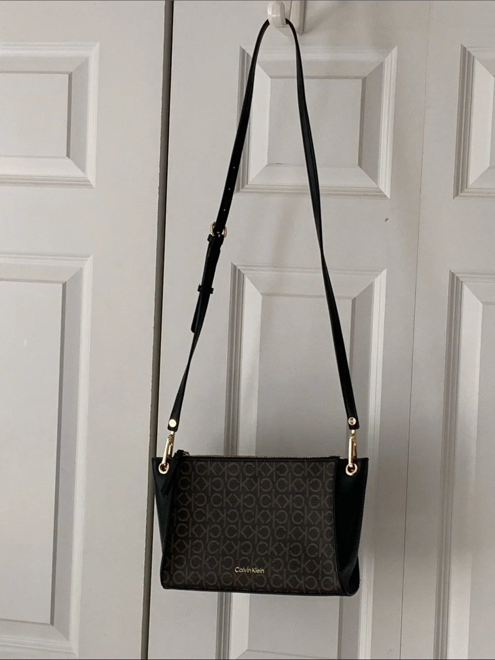 Calvin Klein Brown Monogram Cross Body Bag with Black Strap