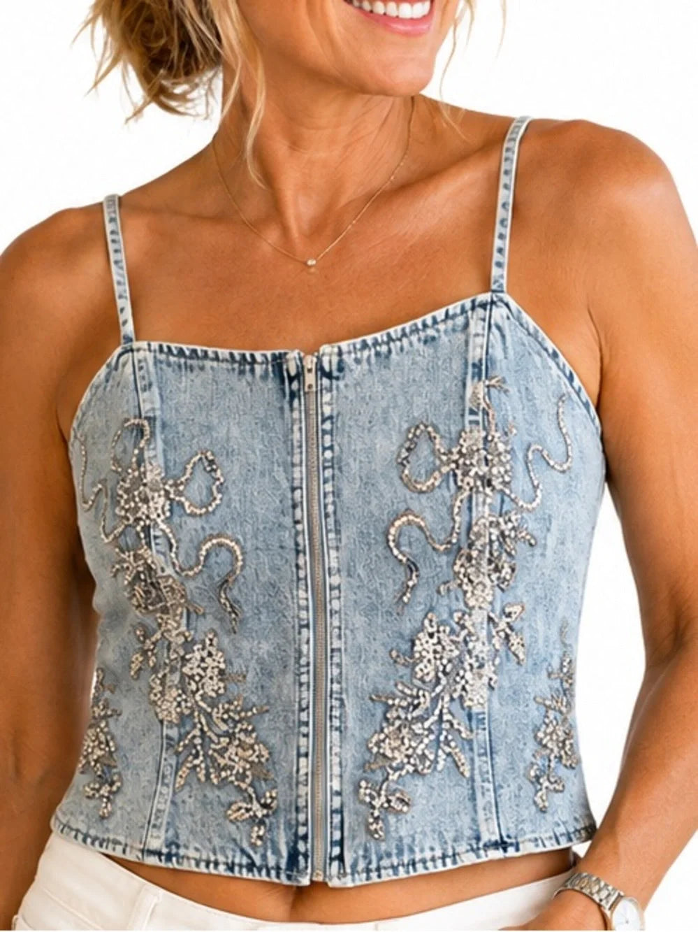 Blue B Women's Light Wash Floral Embroidered Sequin Denim Cami Top, Medium
