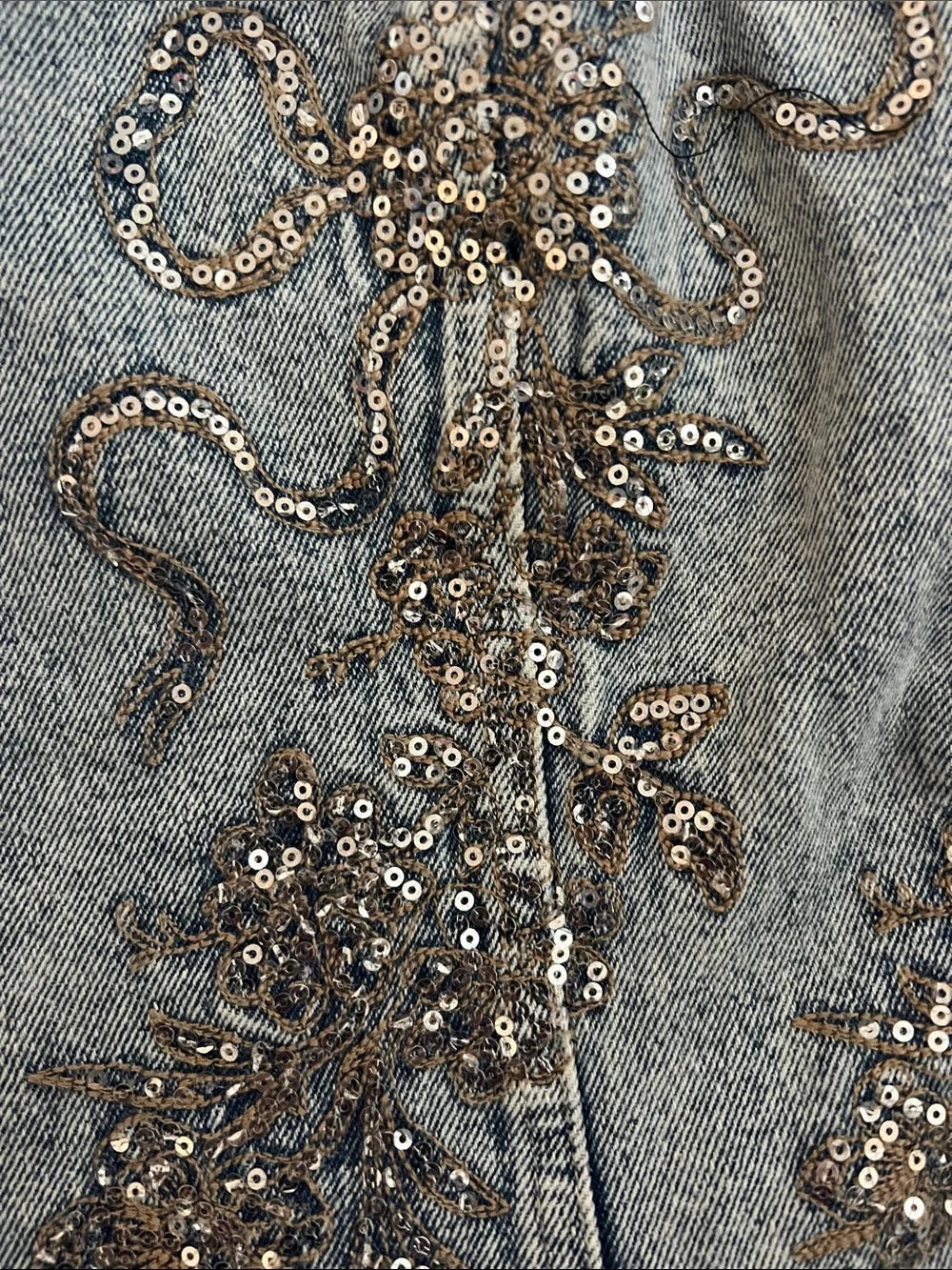 Blue B Women's Light Wash Floral Embroidered Sequin Denim Cami Top, Medium