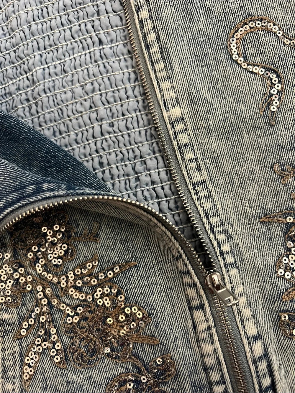Blue B Women's Light Wash Floral Embroidered Sequin Denim Cami Top, Medium