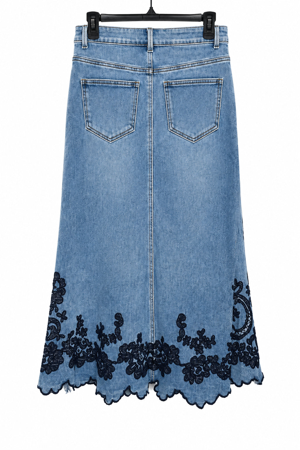 Lark + Grey Women's A-Line Denim Skirt with Navy Velvet Hem - Large