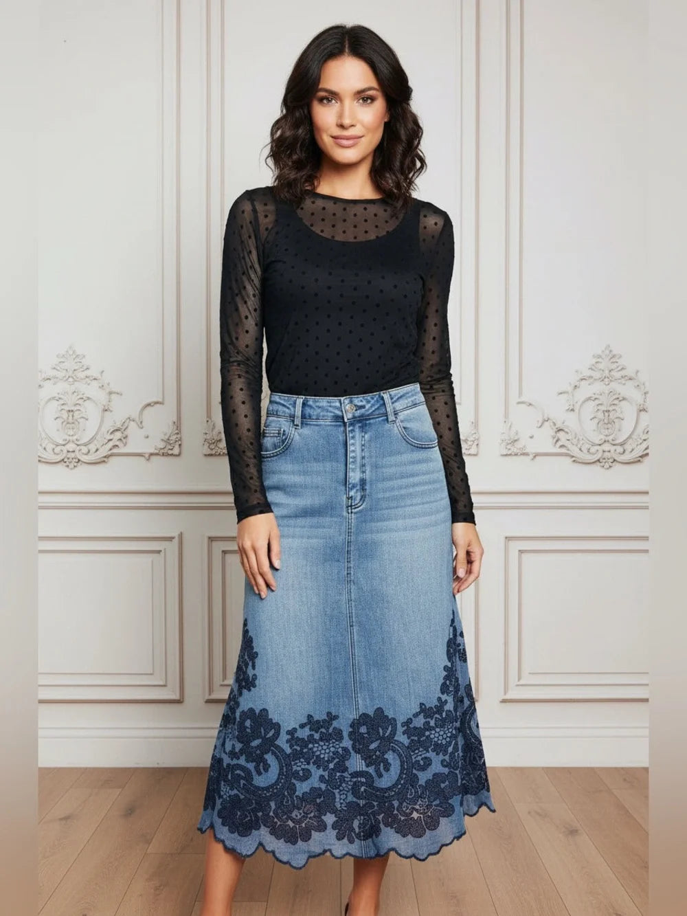Lark + Grey Women's A-Line Denim Skirt with Navy Velvet Hem - Large