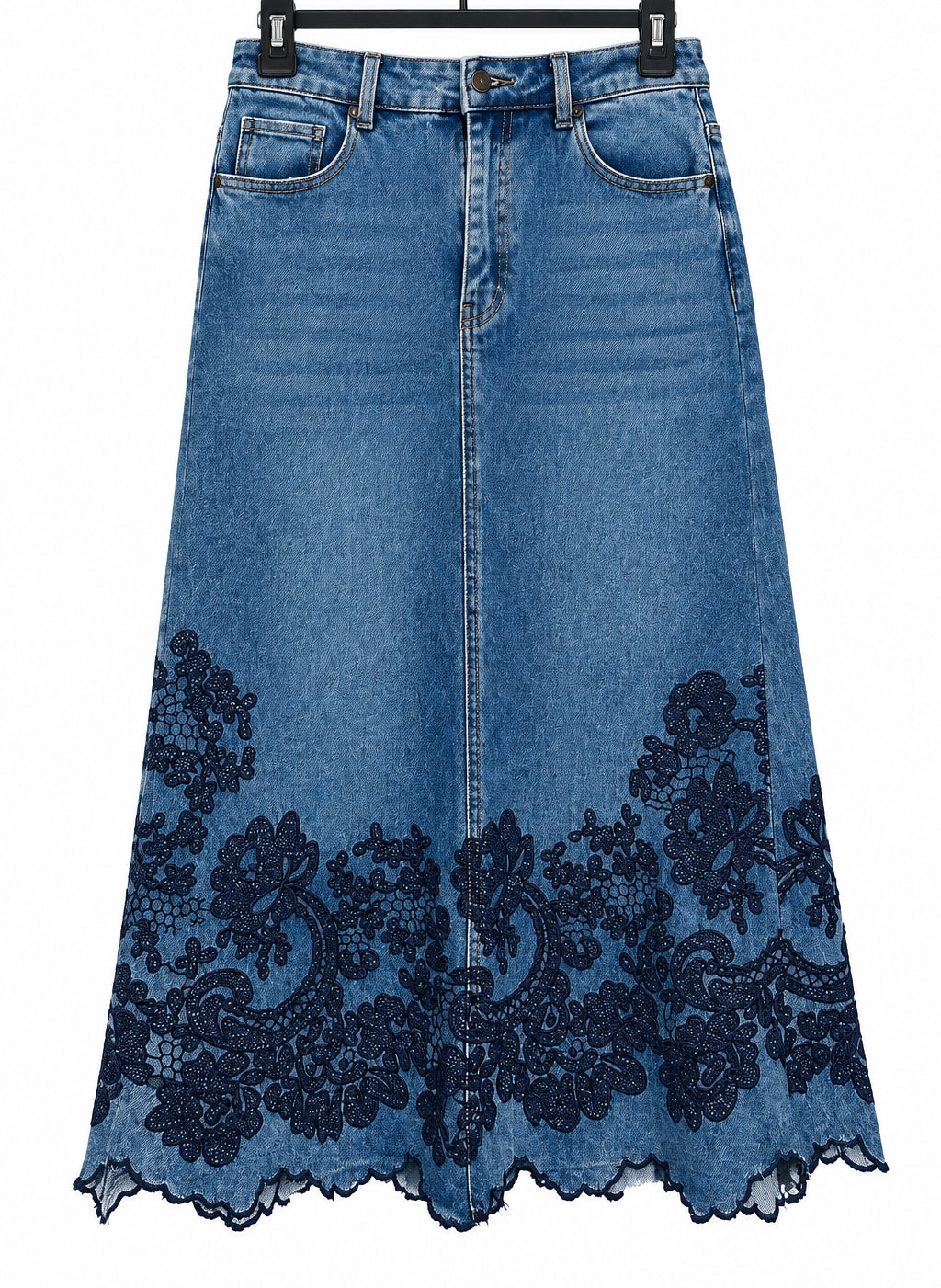 Lark + Grey Women's A-Line Denim Skirt with Navy Velvet Hem - Large