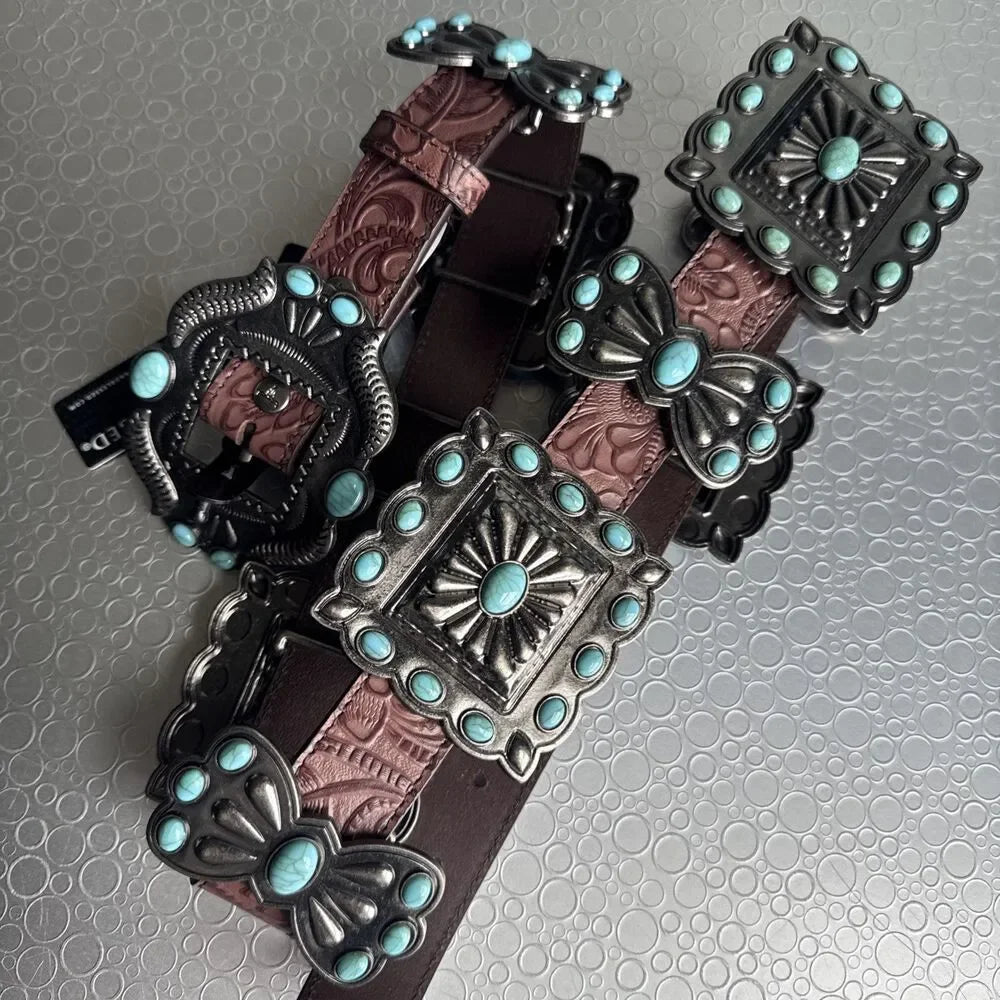 Lucky and Blessed Women's Tooled Leather Turquoise Stone Ribbon Concho (Size: X-Large)