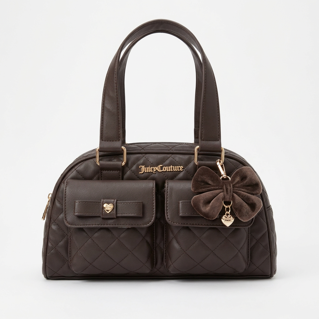 *NWT JUICY COUTURE CUTESY CARGO BOWLERS SHOULDER BAG PURSE W BOW CHARM BROWN