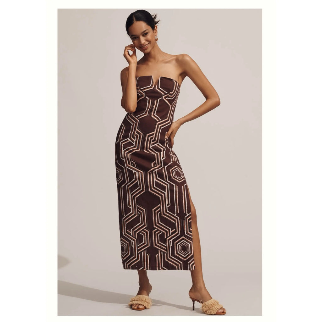 Anthropologie Strapless Linen Plunge-Neck Midi Dress - Brown and Cream