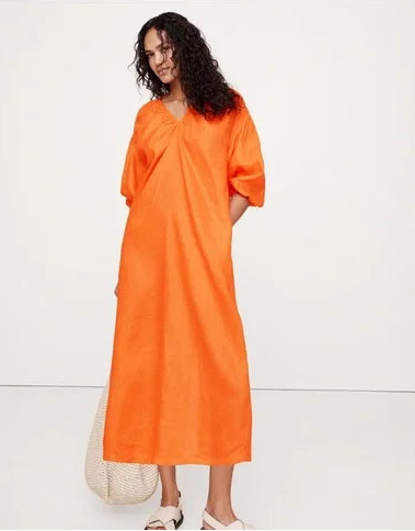 BANANA REPUBLIC | 100% Linen V-Neck Maxi Dress in Orange Tiger | XS