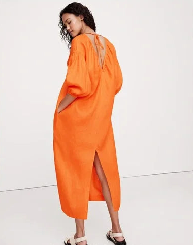 BANANA REPUBLIC | 100% Linen V-Neck Maxi Dress in Orange Tiger | XS