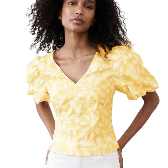 BANANA REPUBLIC | V-Neck Puff Sleeve Blouse | Yellow and White | 6