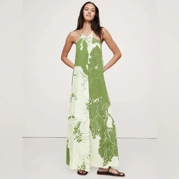 BANANA REPUBLIC | Green Floral Silk Maxi Dress | S