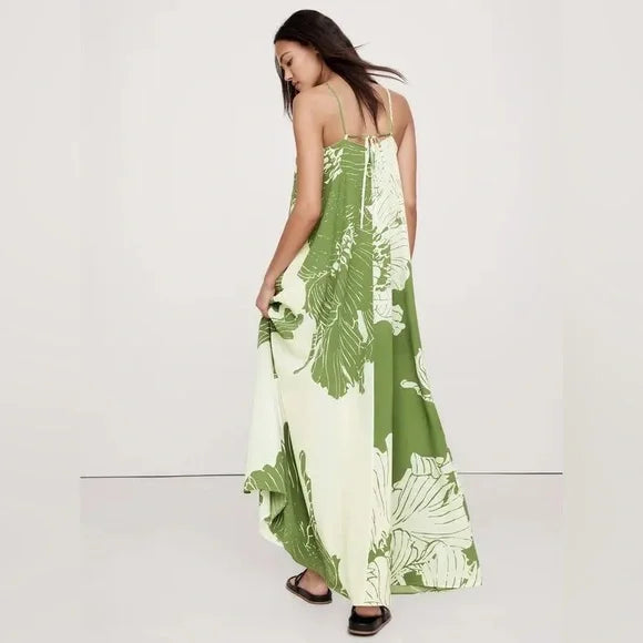 BANANA REPUBLIC | Green Floral Silk Maxi Dress | S