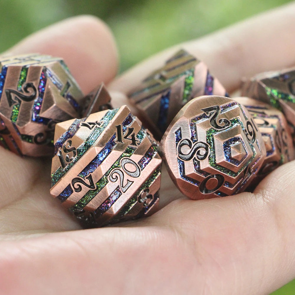 ucmehihihi Pyramid of Fate – Engraved Metal Dice , Glitter Inlay (7- Piece)